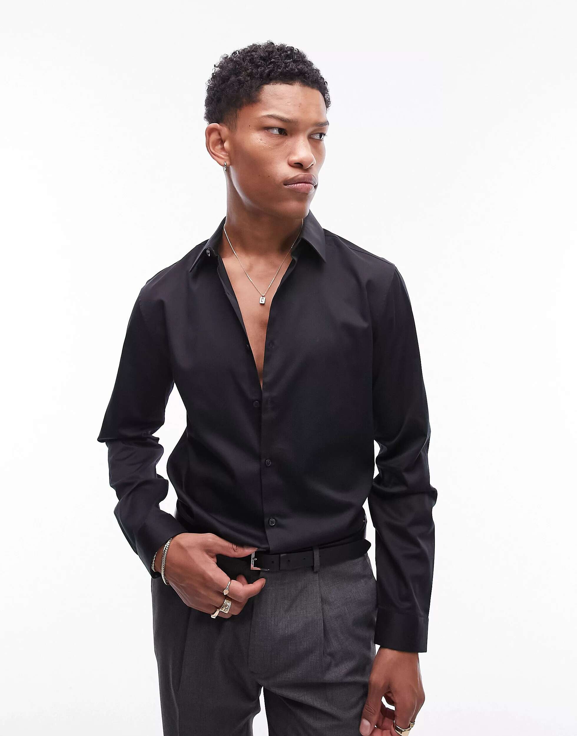 Черная сатиновая рубашка с длинными рукавами Topman