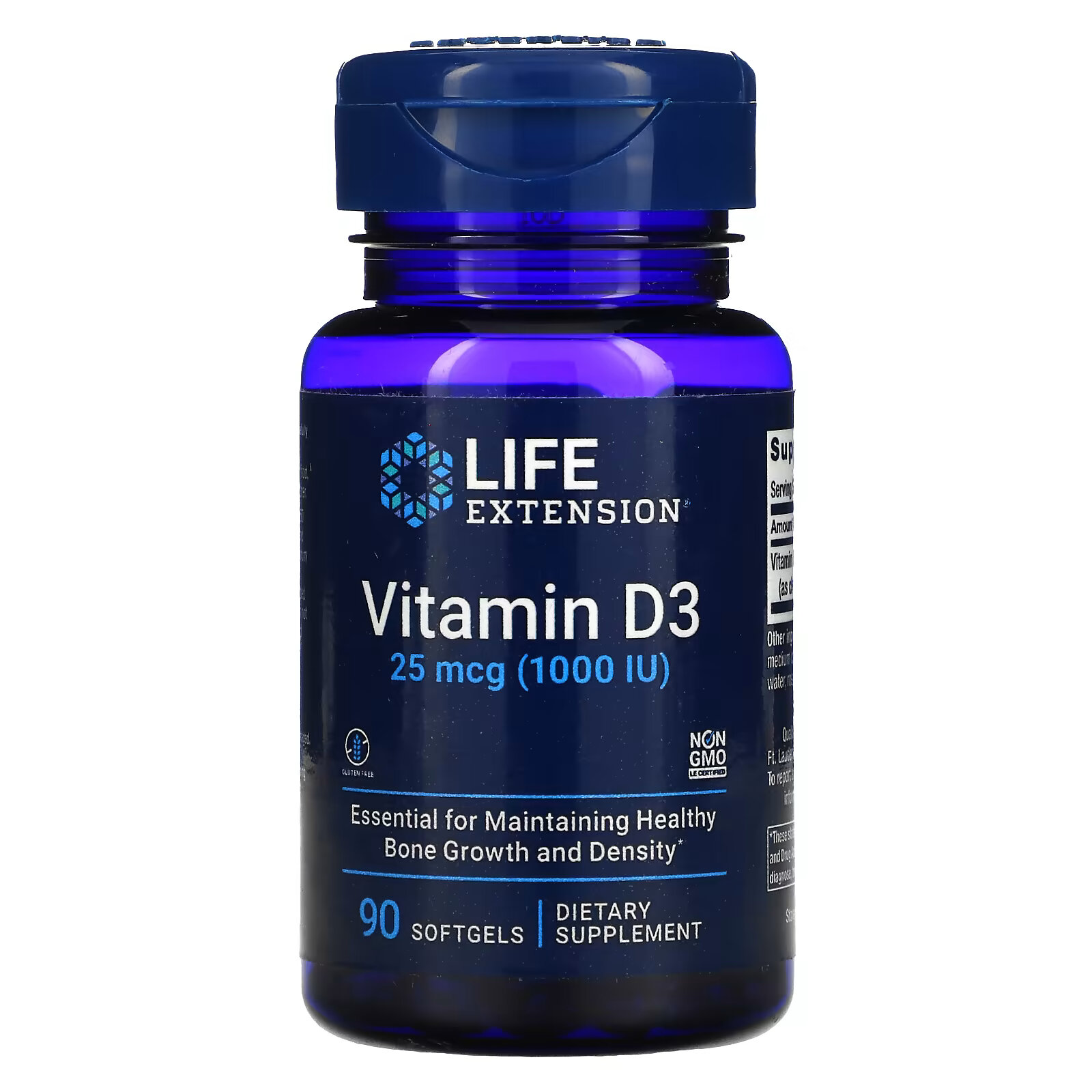 Life Extension, Витамин D3, 25 мкг (1000 МЕ), 90 мягких таблеток sundown naturals витамин d3 25 мкг 1000 ме 400 мягких таблеток