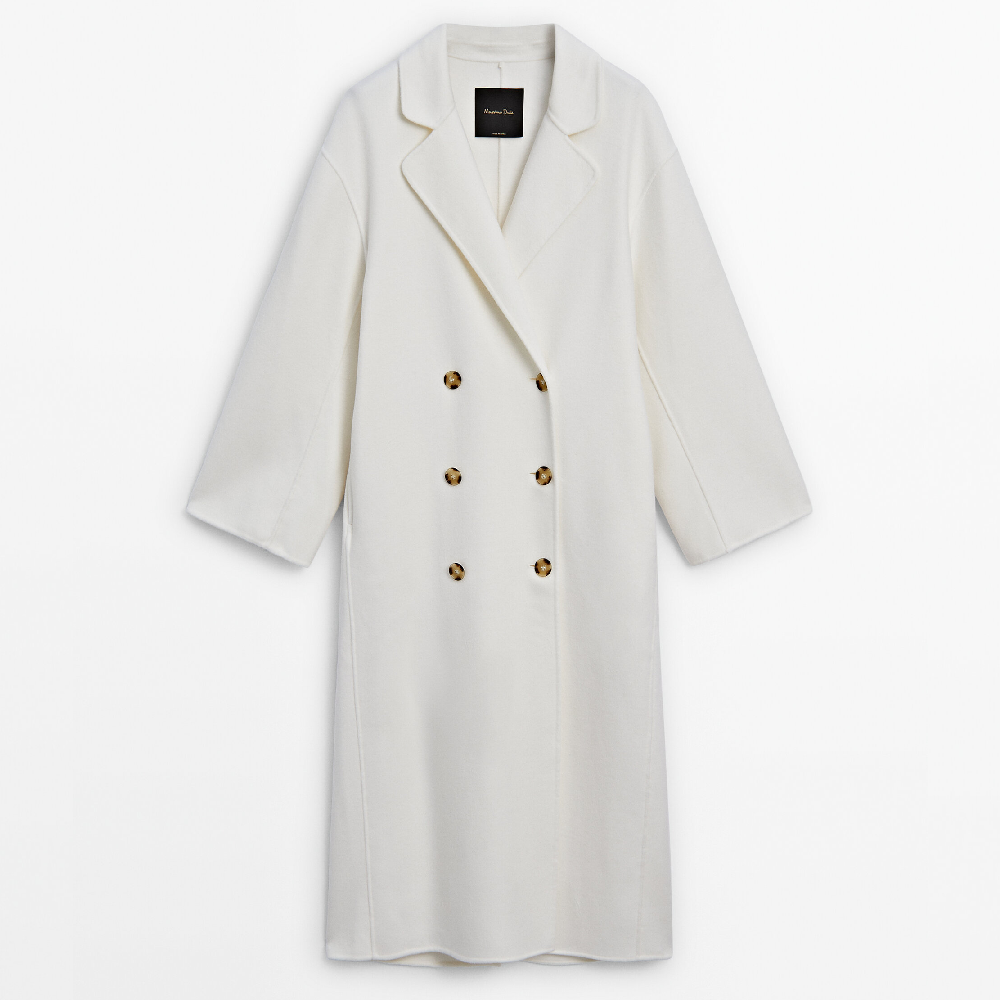 Пальто Massimo Dutti Long Wool Blend Double-breasted, белый пальто длинное из козьей кожи застежка на пуговицы 42 fr 48 rus бежевый