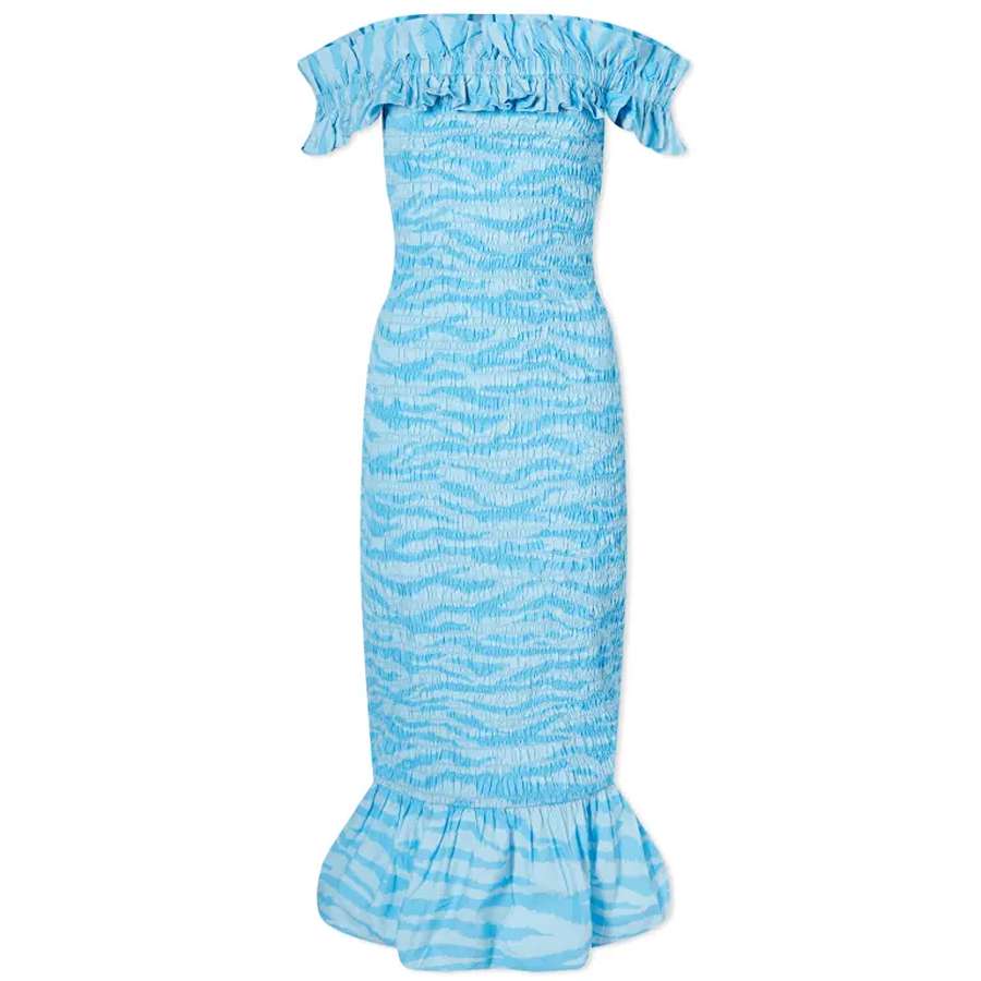 Платье GANNI Off Shoulder Smock Midi, синий платье с анималистическим принтом лео
