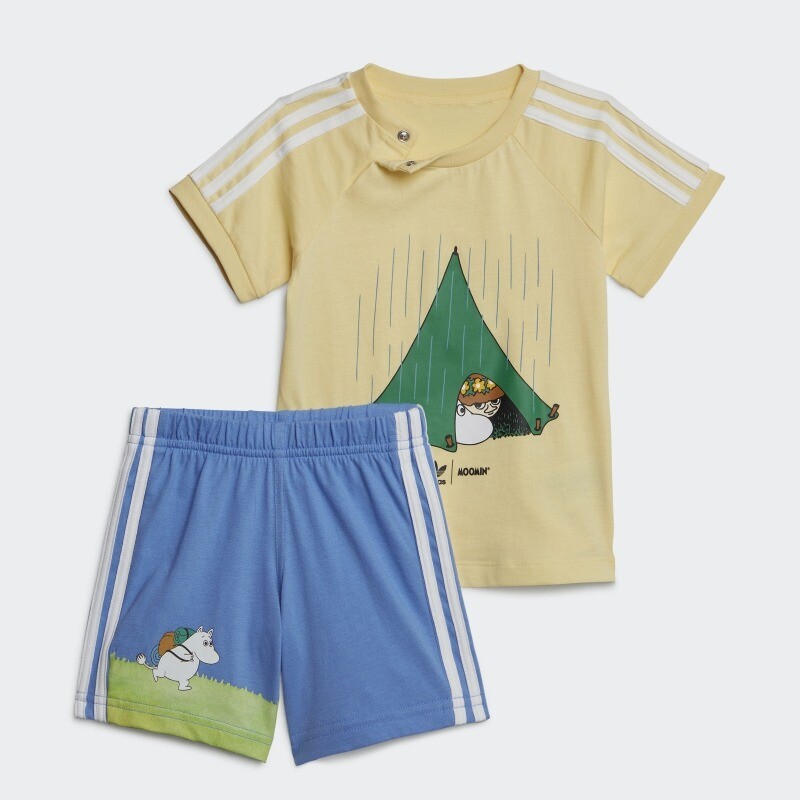 

Детский комплект Adidas Originals х Moomin Shorts And Tee, 2 предмета, голубой/желто-бежевый/мультиколор