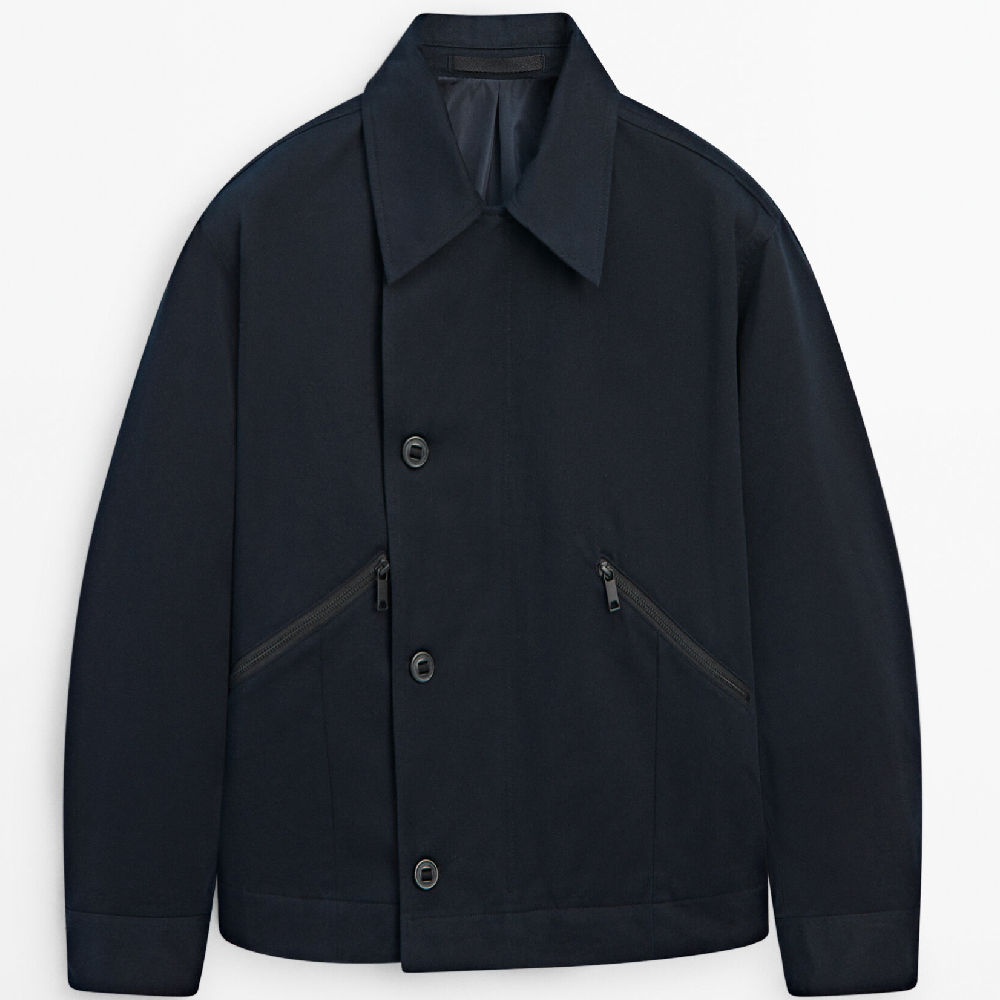 Куртка Massimo Dutti Double-breasted With Zip Pockets, темно-синий пиджак massimo dutti lapelless linen blend suit черный