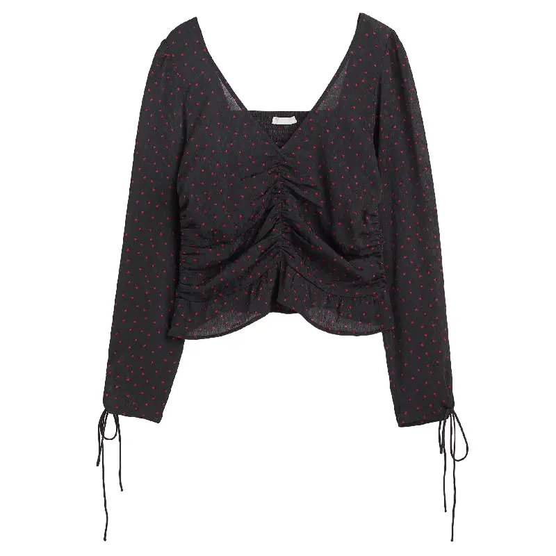 

Блузка H&M Puff-sleeved Peplum, черный с принтом сердца
