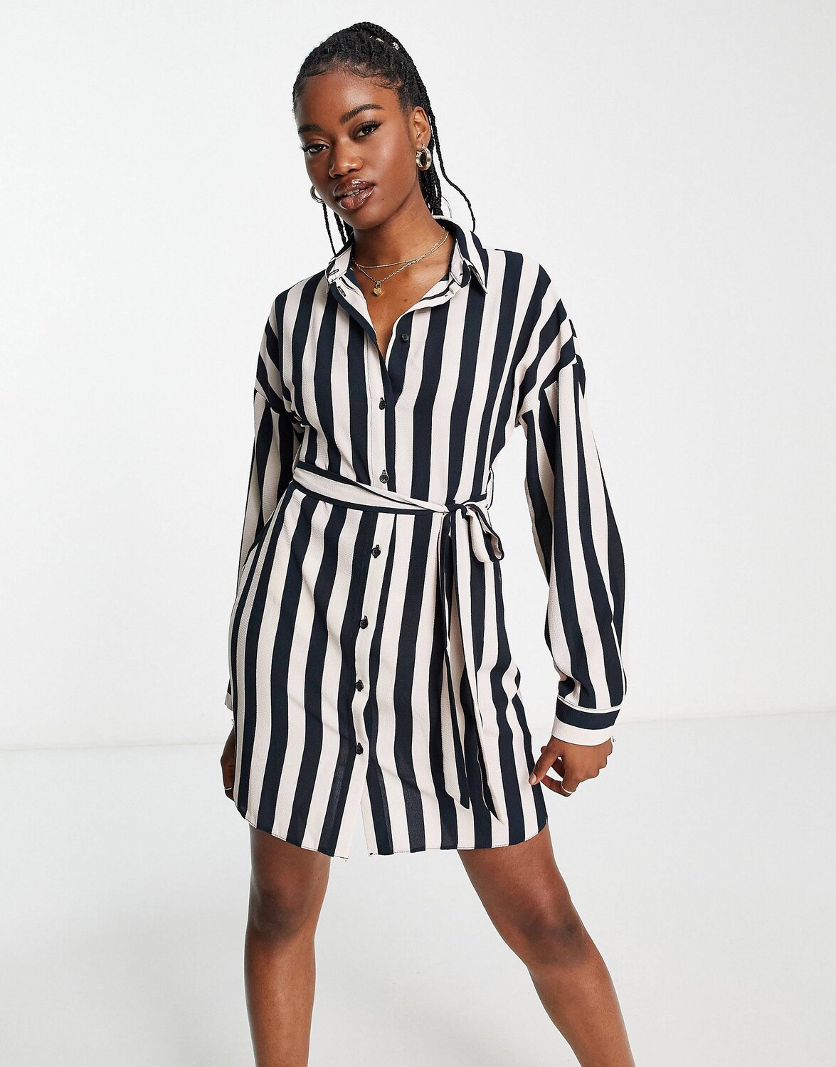

Платье-рубашка мини в полоску с пуговицами и поясом ASOS DESIGN