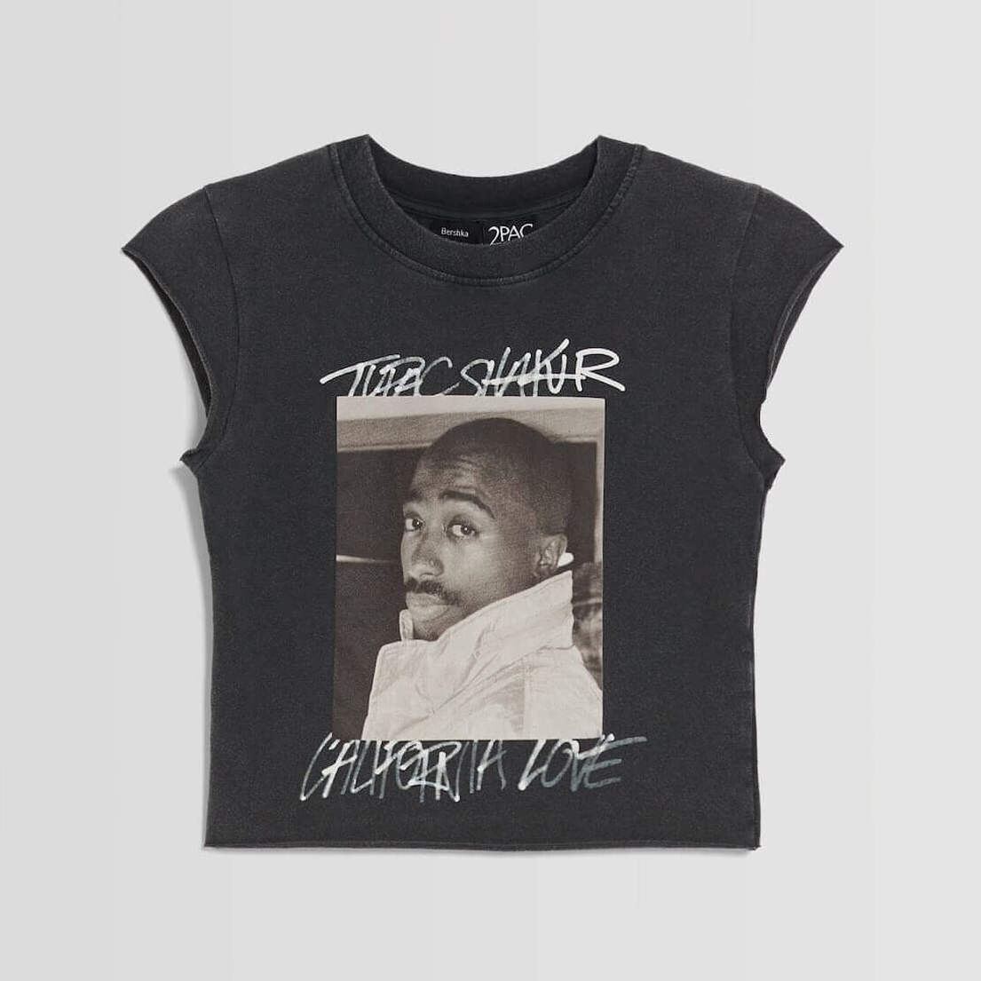 

Футболка Bershka Tupac Sleeveless Cropped Print, серый
