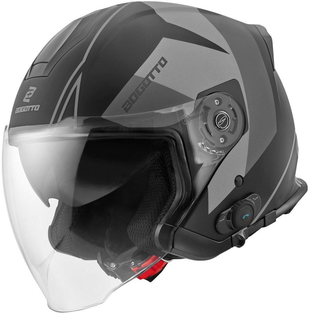 Шлем Блютуз Джет Bogotto V586 Detri BT со съемной подкладкой, черный/серый цена и фото