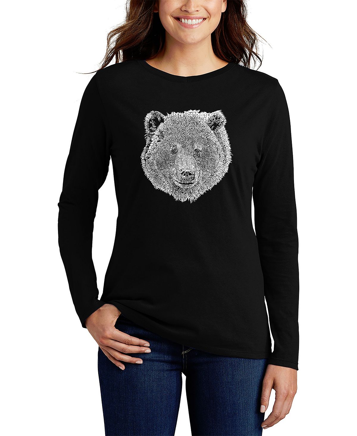 Женская футболка с длинным рукавом word art bear face LA Pop Art, черный три медведя медведи