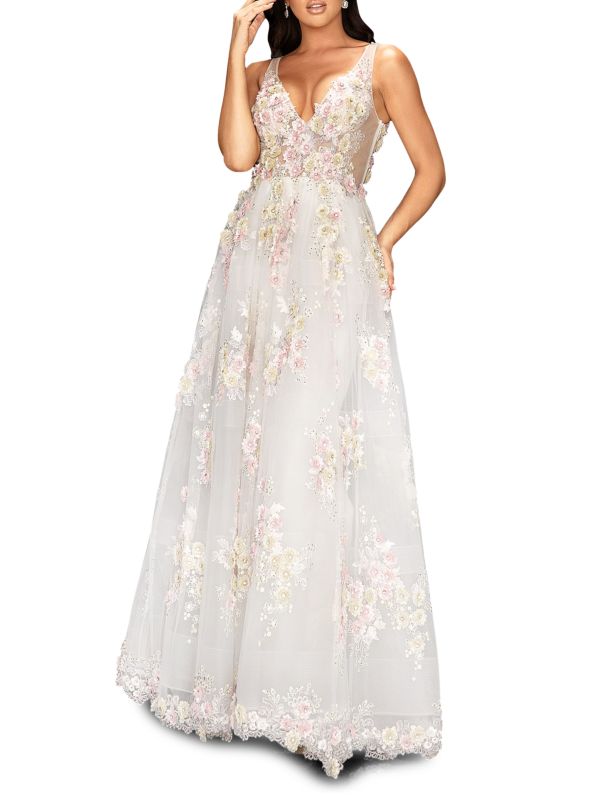 Бальное платье с цветочной аппликацией и v-образным вырезом Terani Couture Ivory nude