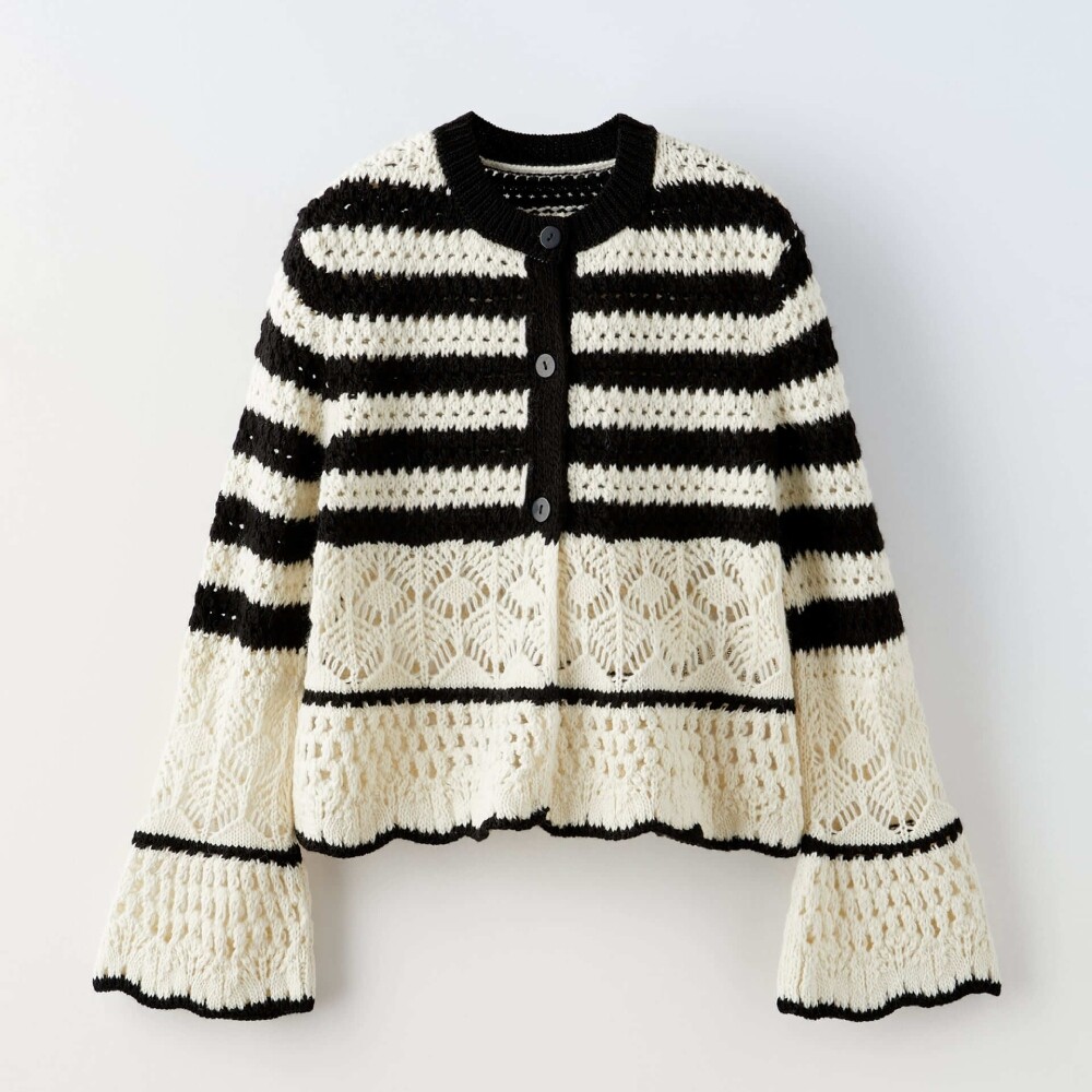 Кардиган для девочек Zara Striped With Ruffles, экрю/черный кардиган для девочек zara striped with ruffles экрю черный