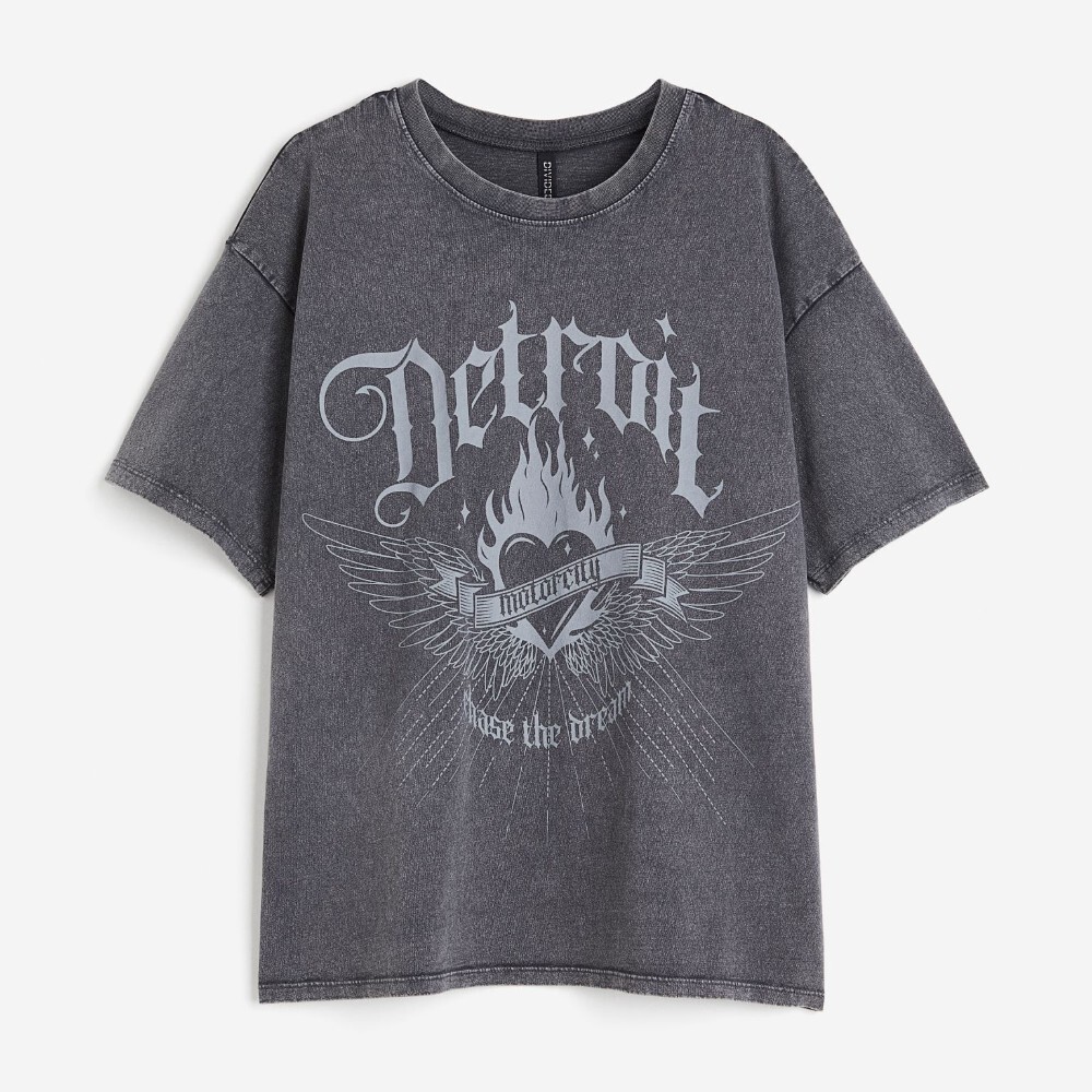 

Футболка H&M Oversized Printed Detroit, темно-серый