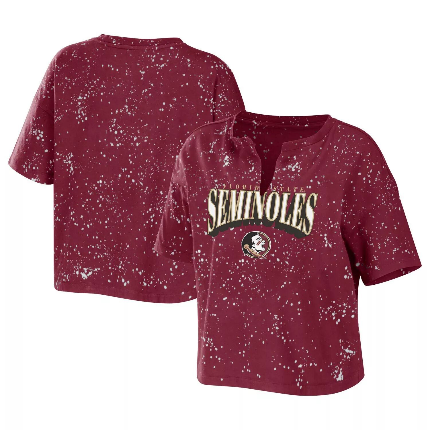 

Женская одежда Erin Andrews Garnet Футболка Seminoles штата Флорида Bleach Wash Splatter Notch Neck