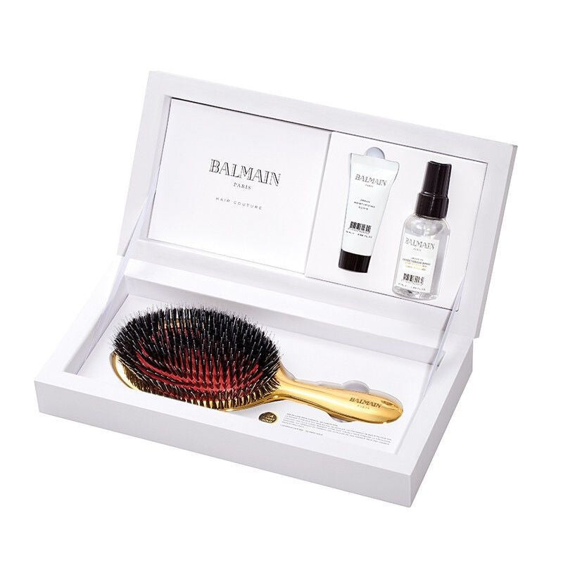 

Balmain Golden Spa Brush set золотая щетка для волос + аргановый эликсир 20 мл + несмываемый спрей-кондиционер 50 мл