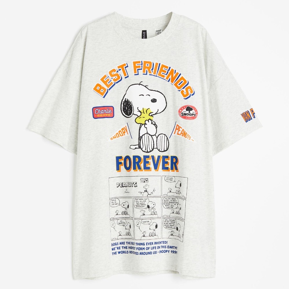 

Футболка H&M Oversized Printed Snoopy, светло-серый