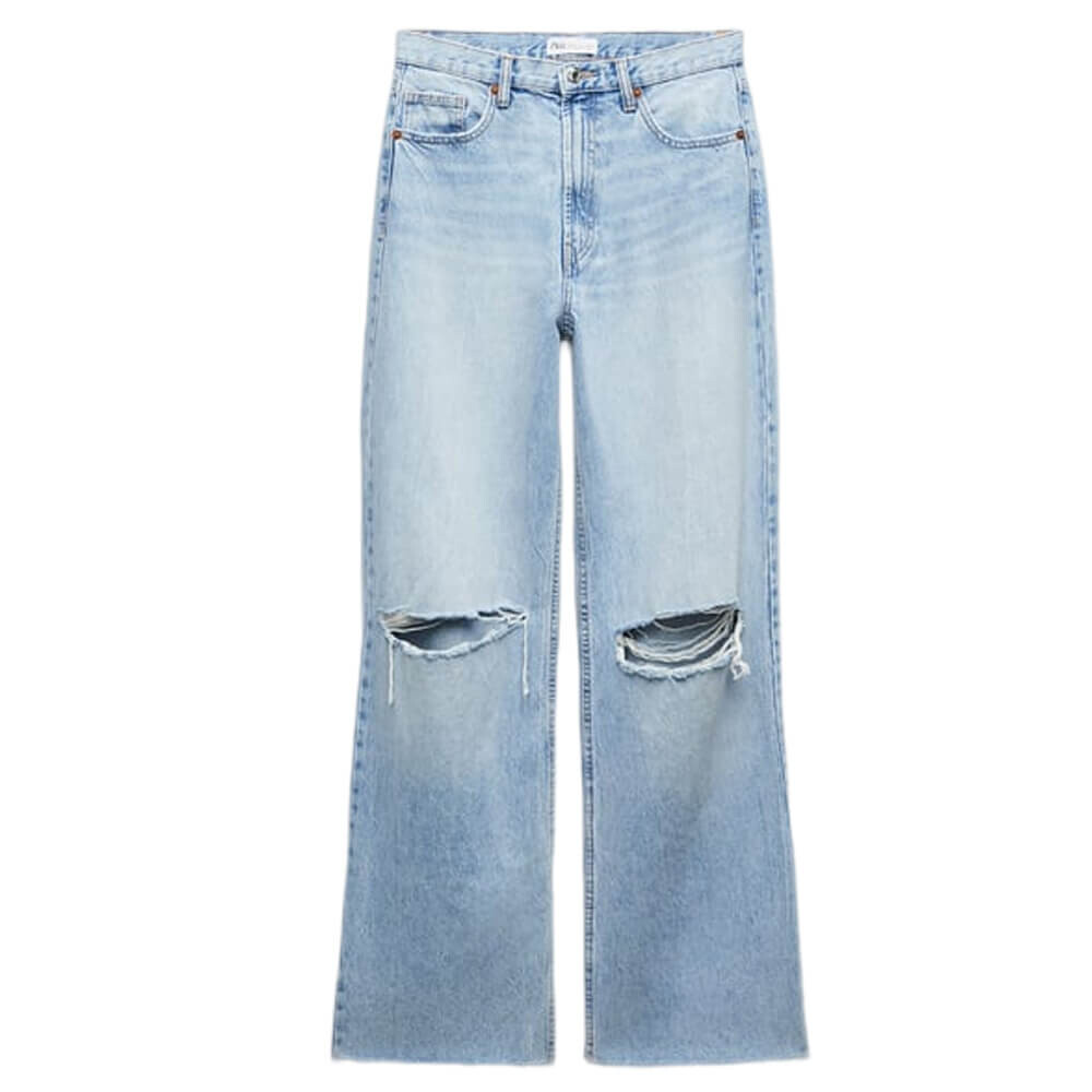 

Джинсы женские широкие Zara High-rise Ripped TRF, голубой