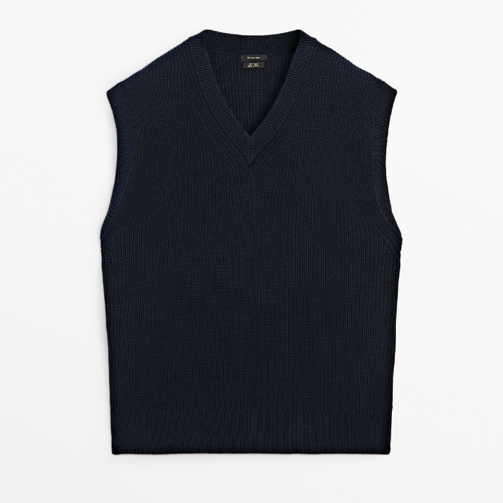 осенне зимний новый жилет с v образным вырезом вязаный свитер мужской облегающий свитер без рукавов однотонный жилет Жилет Massimo Dutti V-neck Knit, темно-синий
