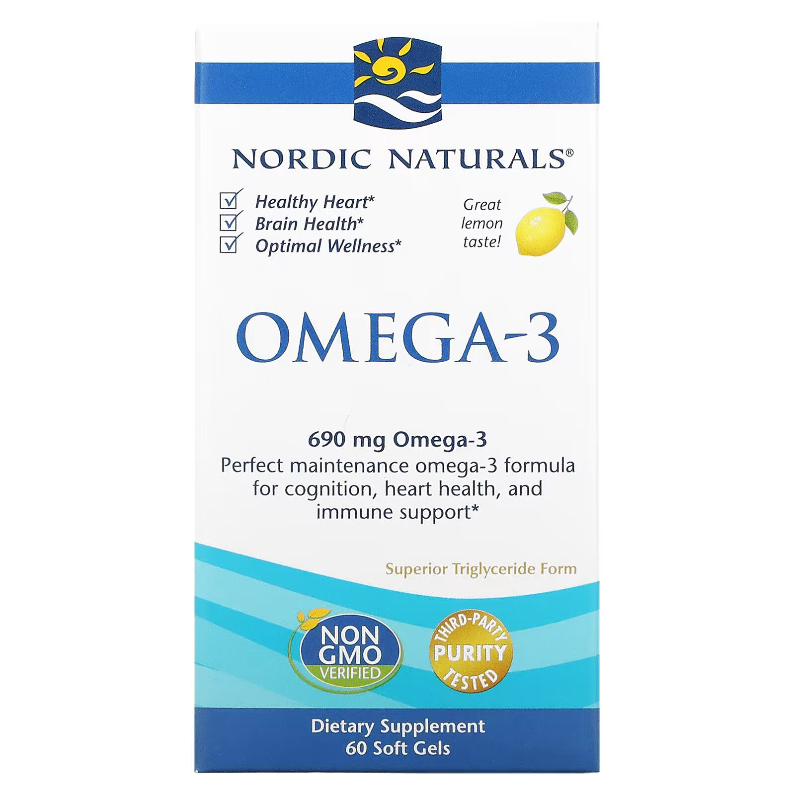 цена Nordic Naturals, Омега-3, с лимонным вкусом, 345 мг, 60 капсул