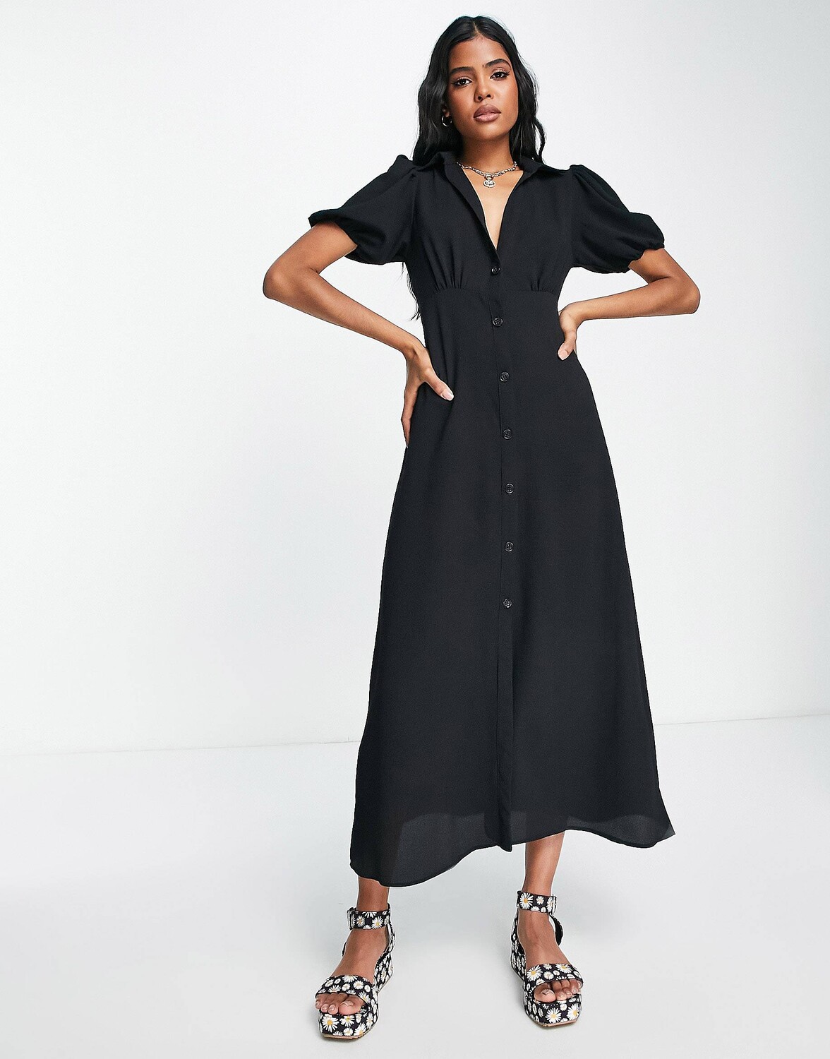

Черное чайное платье-рубашка миди с пуговицами спереди ASOS DESIGN