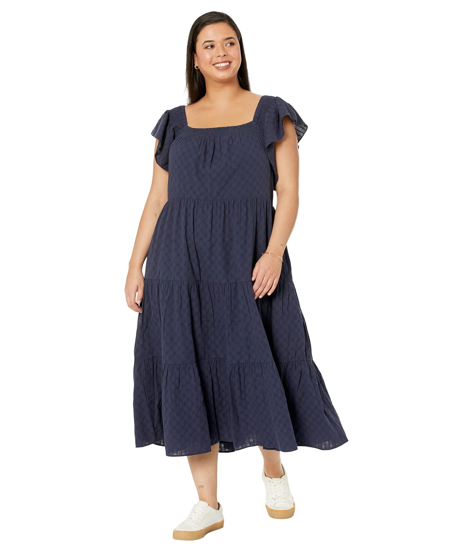 Платье Madewell, Plus Ruffle-Sleeve Tiered Midi Dress in Textured Check