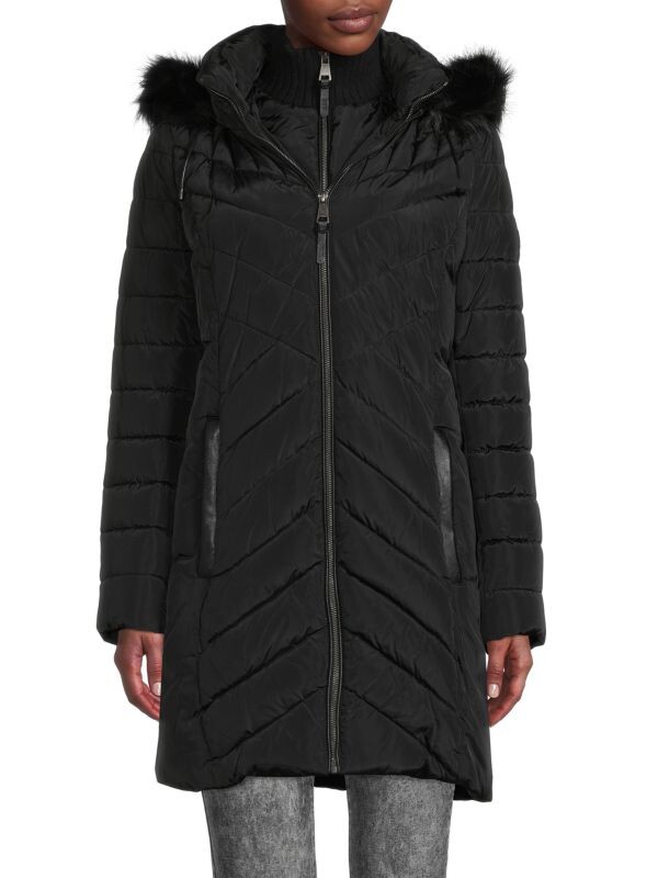 

Стеганая парка с отделкой из искусственного меха и шевроном DKNY Black