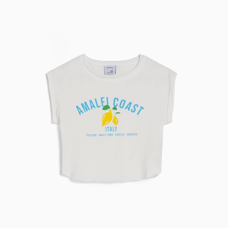 

Футболка Bershka Printed With Short Raglan Sleeves, белый