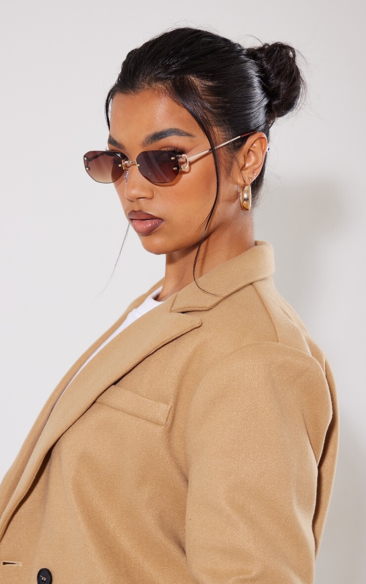 

PrettyLittleThing Коричневые безрамочные закругленные солнцезащитные очки
