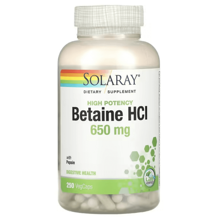 Высокоэффективный бетаин-гидрохлорид с пепсином High Potency Betaine HCl with Pepsin, 650 мг, 250 капсул, Solaray высокоэффективный бетаин гидрохлорид с пепсином high potency betaine hcl with pepsin 650 мг 250 капсул solaray