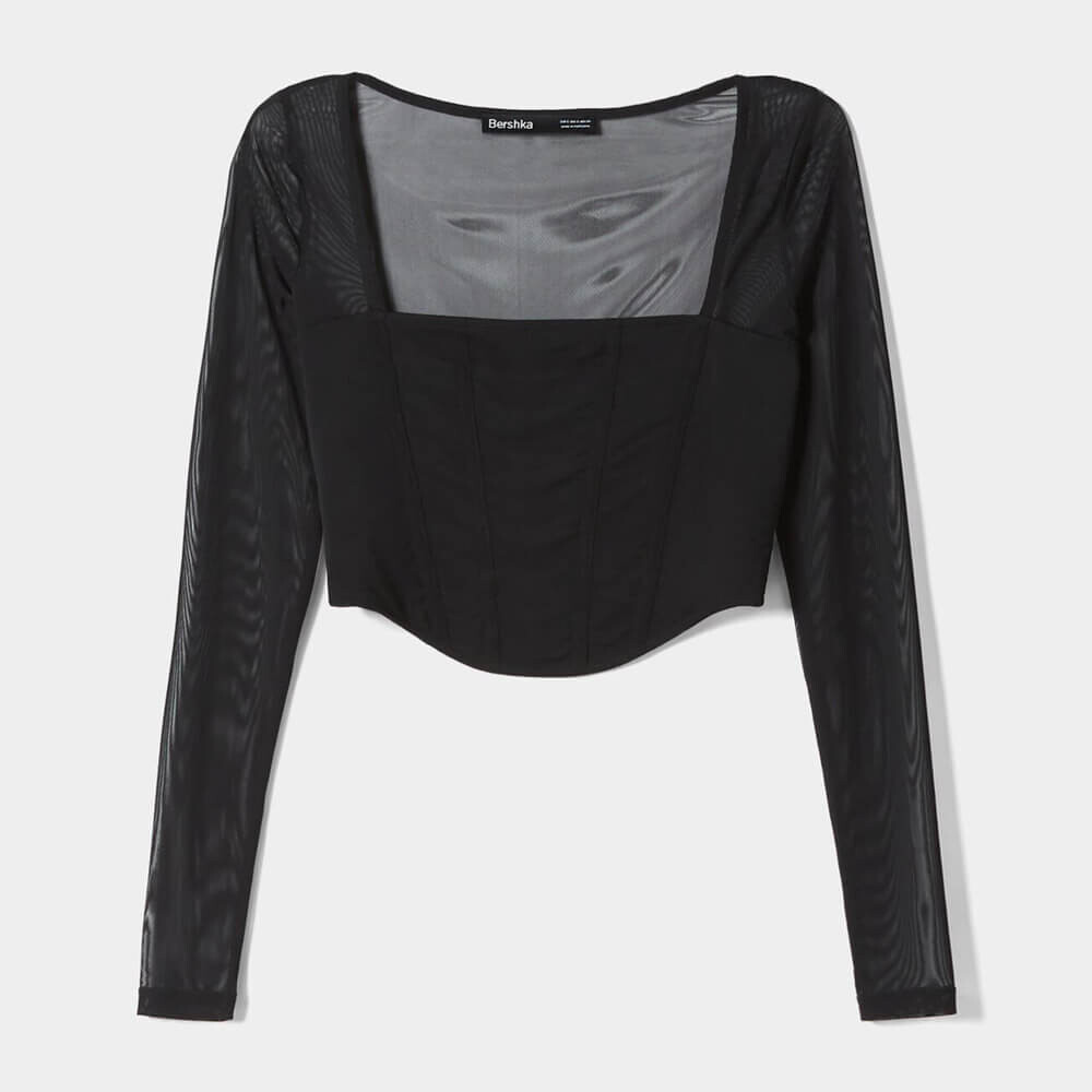 

Топ Bershka Long Sleeve With Tulle Corset, черный