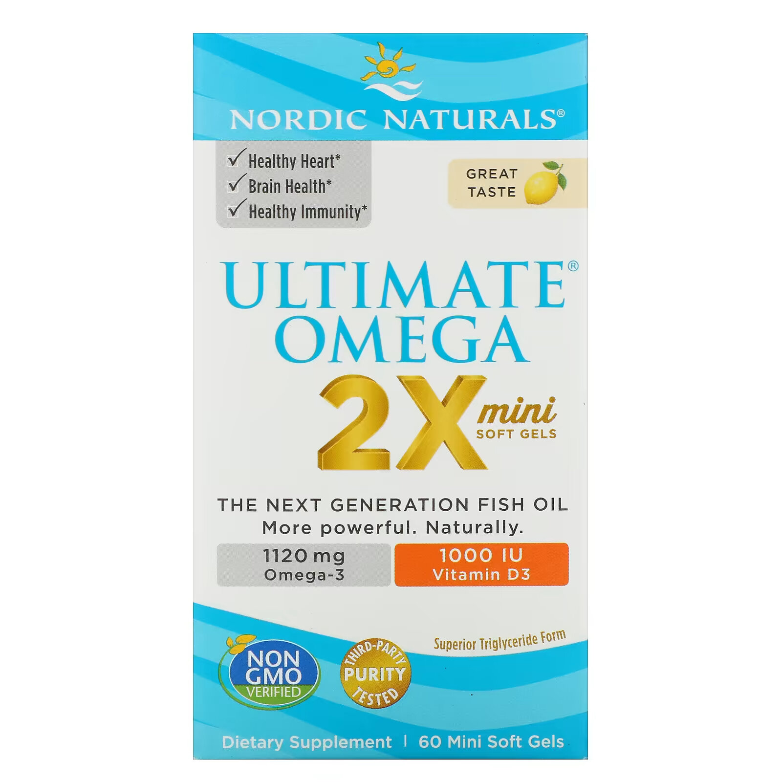 Nordic Naturals, Ultimate Omega 2X с витамином D3, лимон, 60 мягких мини-таблеток nordic naturals ultimate omega 2x с витамином d3 вкус лимона 60 мягких капсул