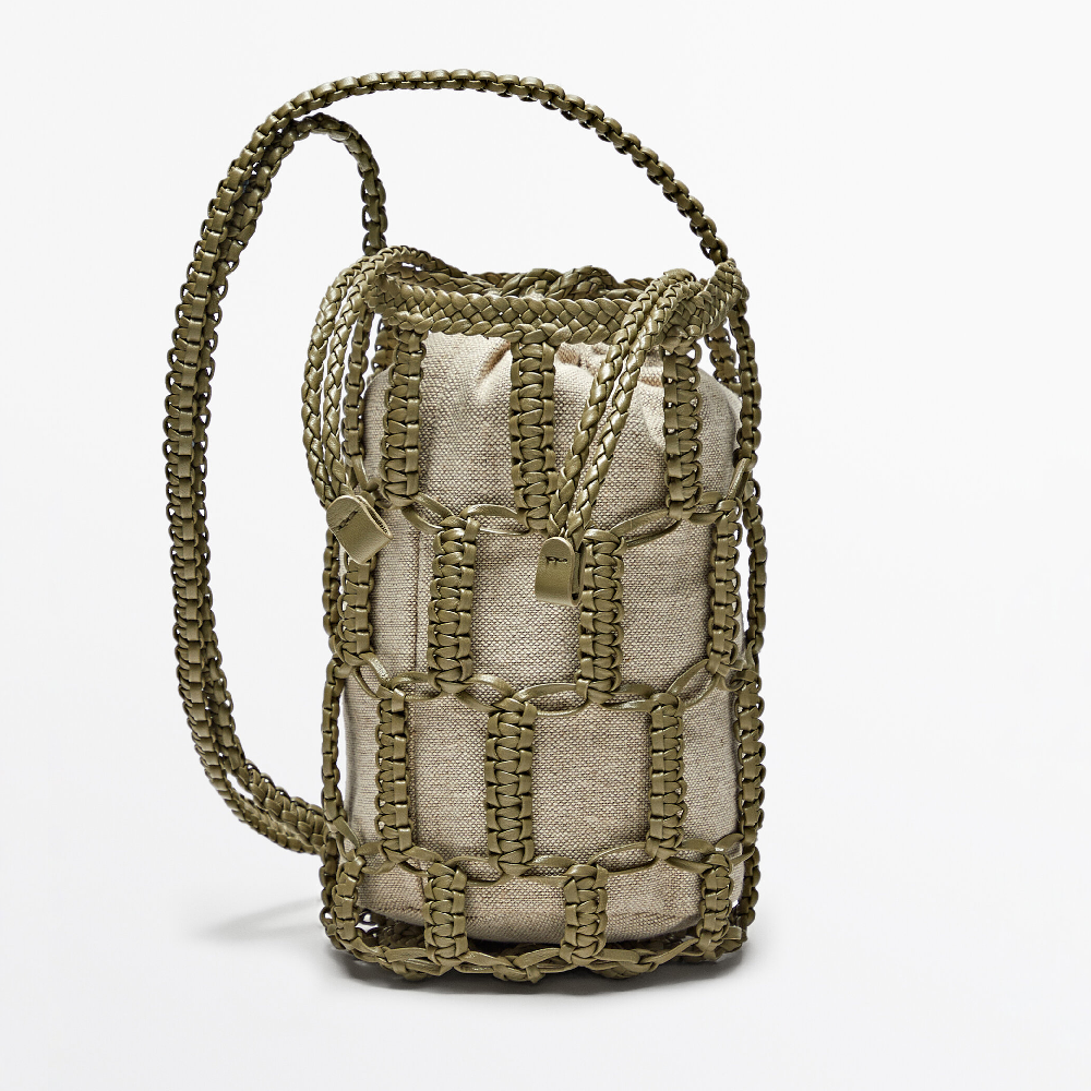 Сумка Massimo Dutti Nappa Leather Woven Mini Bucket, мятный