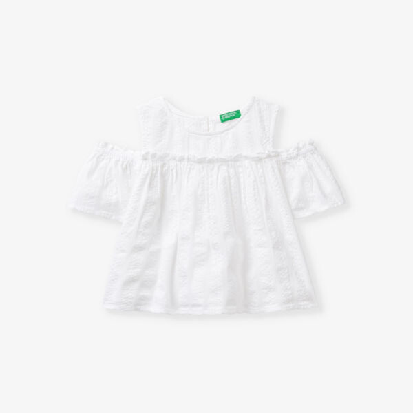 

Блузка из хлопка и муслина с открытыми плечами и оборками, 6-14 лет Benetton, белый