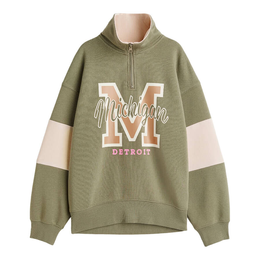 

Свитшот H&M Michigan Oversized Half-zip, зеленый хаки/пыльно-розовый