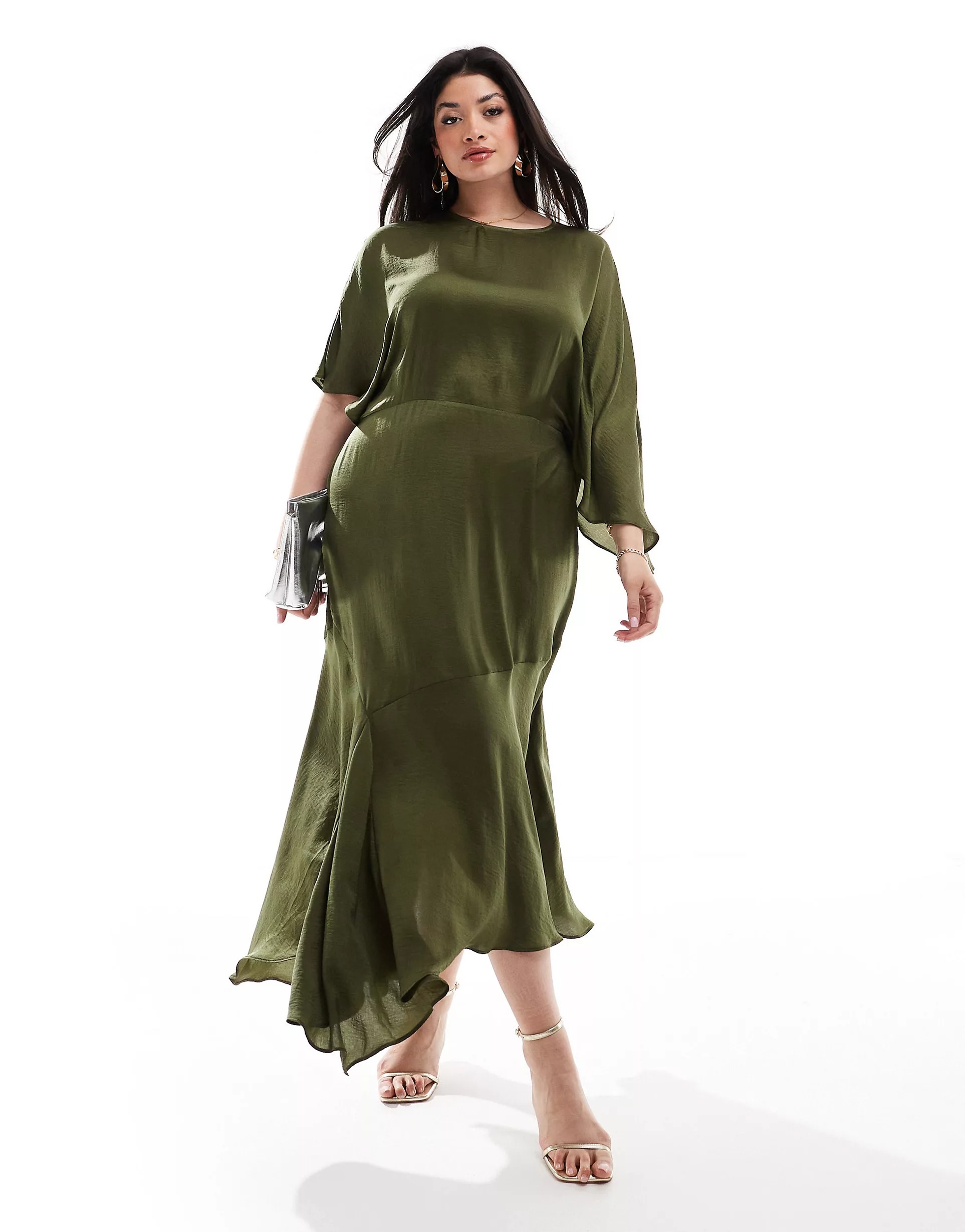 Платье миди Asos Design Curve Satin Flutter Sleeve Asymmetric Hem, зеленый