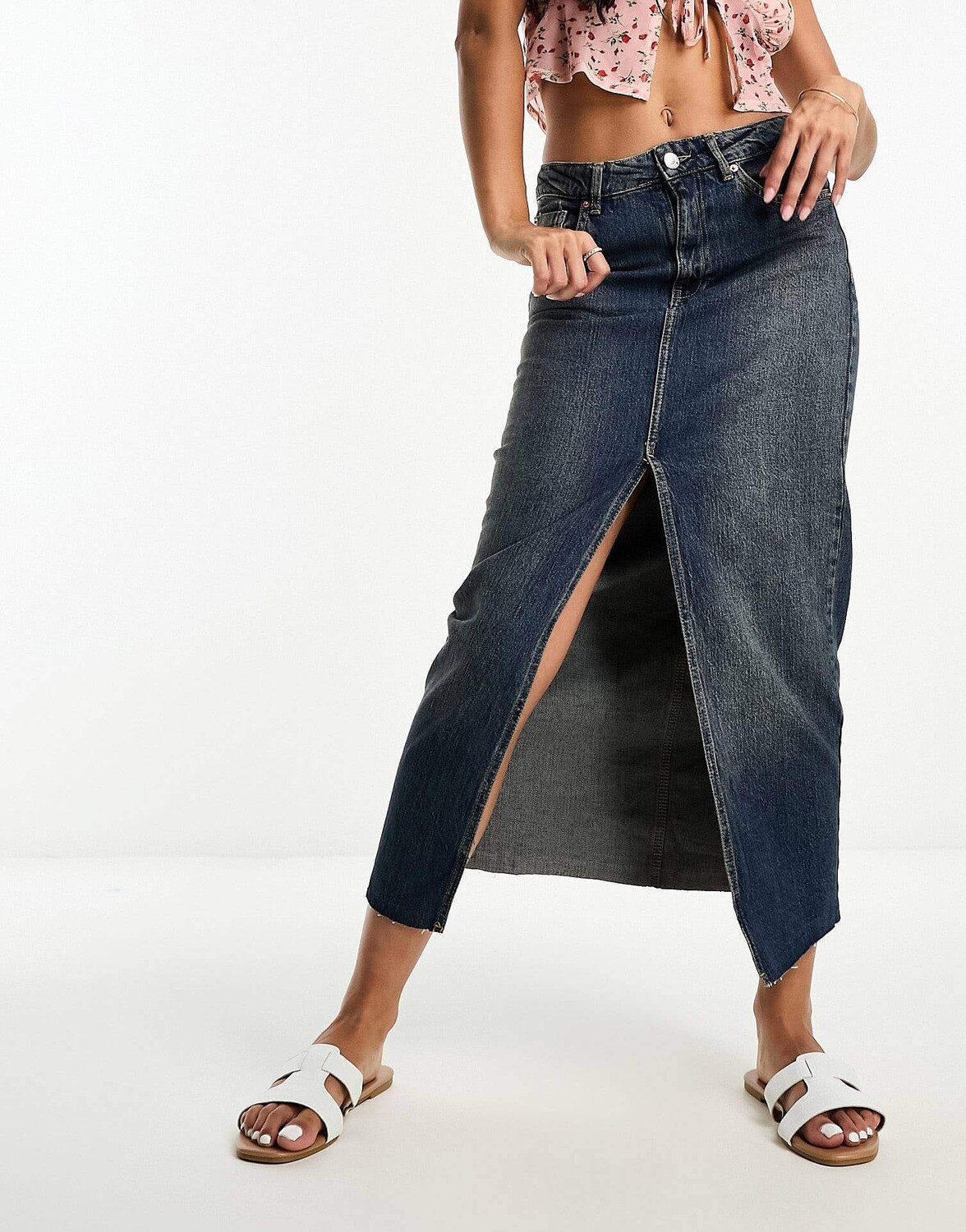 

Юбка Stradivarius Denim Midi With Front Split Vintage, темно-синий
