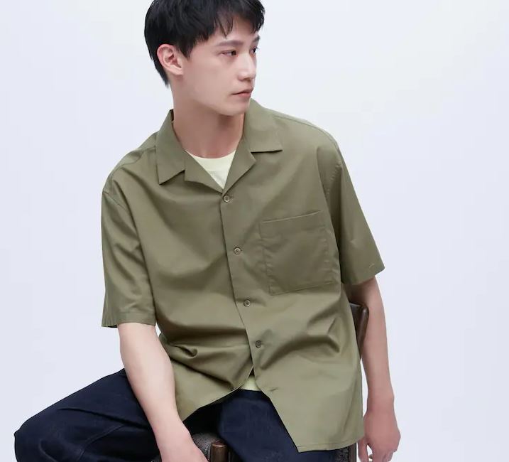 Рубашка повседневная с короткими рукавами Uniqlo Cotton Blend Casual Short Sleeved, темно-зеленый рубашка uniqlo linen blend open collar short sleeved хаки
