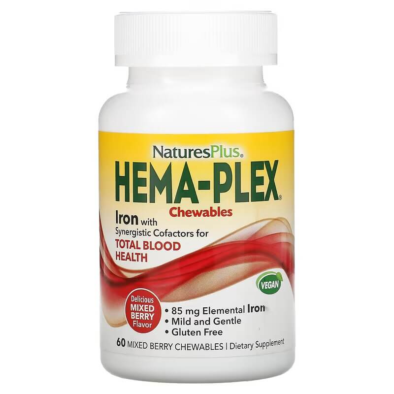 Смесь ягод NaturesPlus Hema-Plex, 60 жевательных таблеток naturesplus куркумин с имбирем и черным перцем персик 60 жевательных таблеток
