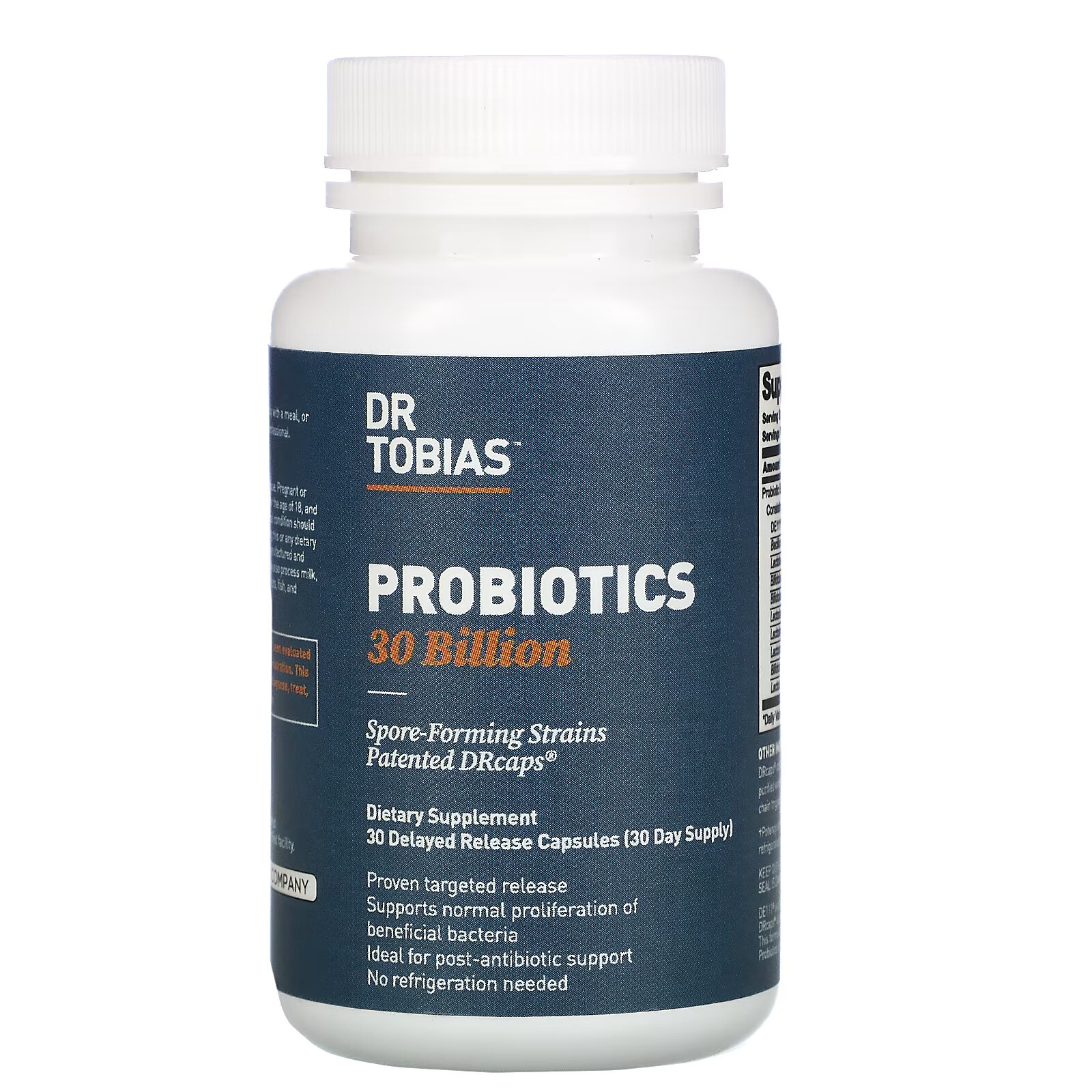 Dr. Tobias, пробиотик, 30 млрд КОЕ, 30 капсул с отсроченным высвобождением nature s way fortify optima пробиотик для женщин 50 млрд 30 растительных компонентов с отсроченным высвобождением капсул