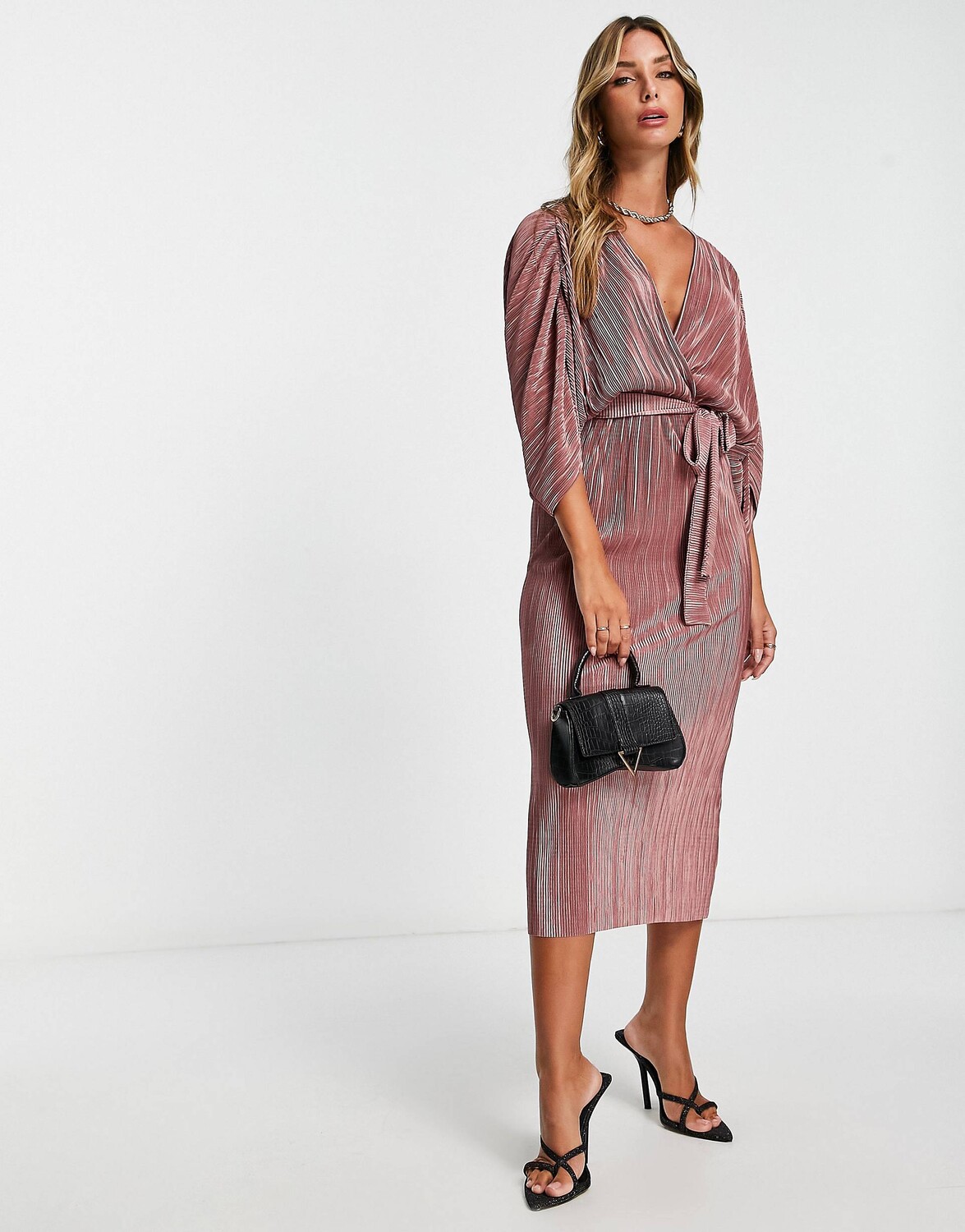 

Розовое плиссированное платье миди с поясом ASOS DESIGN, Розовый