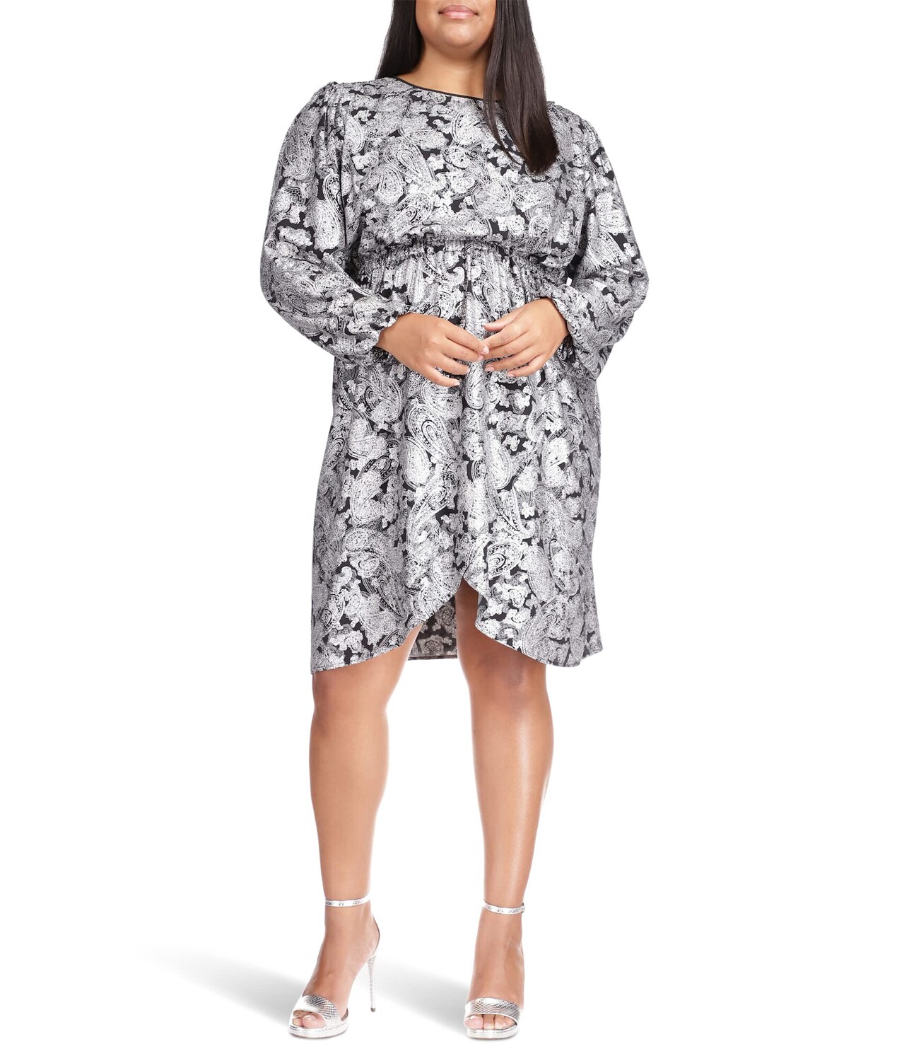 блуза michael kors plus size solid long sleeve tie blouse черный Платье MICHAEL Michael Kors, Plus Size Foil Paisley Long Sleeve Flounce Dress