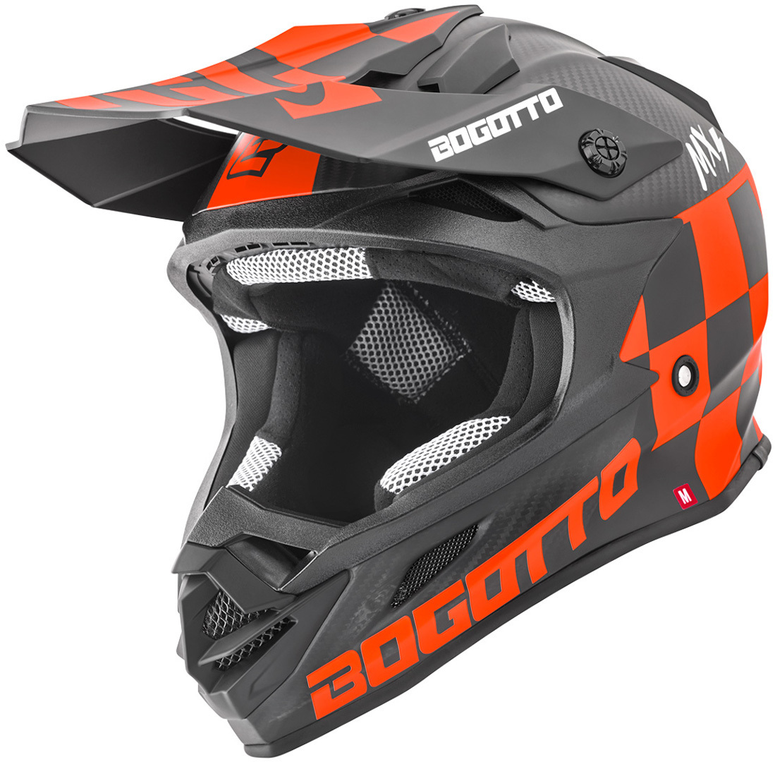 Шлем для мотокросса Bogotto V328 Xadrez Carbon со съемной подкладкой, черный/оранжевый