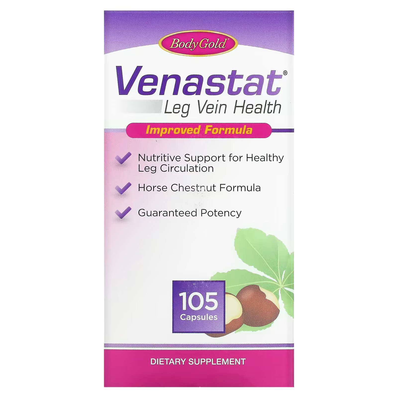 цена BodyGold, Venastat, средство для здоровья вен ног, 105 капсул