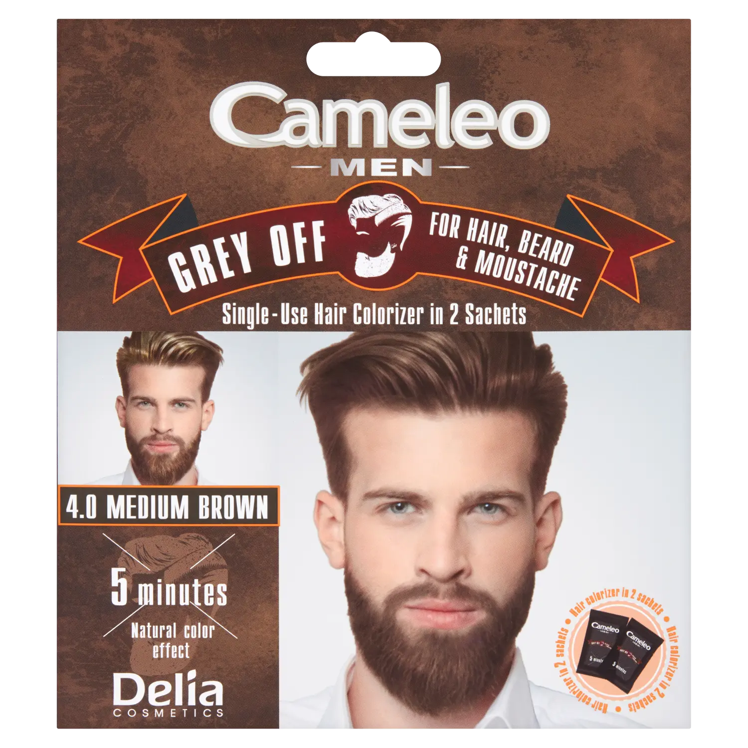 

Delia Cameleo Men краситель в пакетиках для волос, бороды и усов 4.0 темно-русый, 1 упаковка