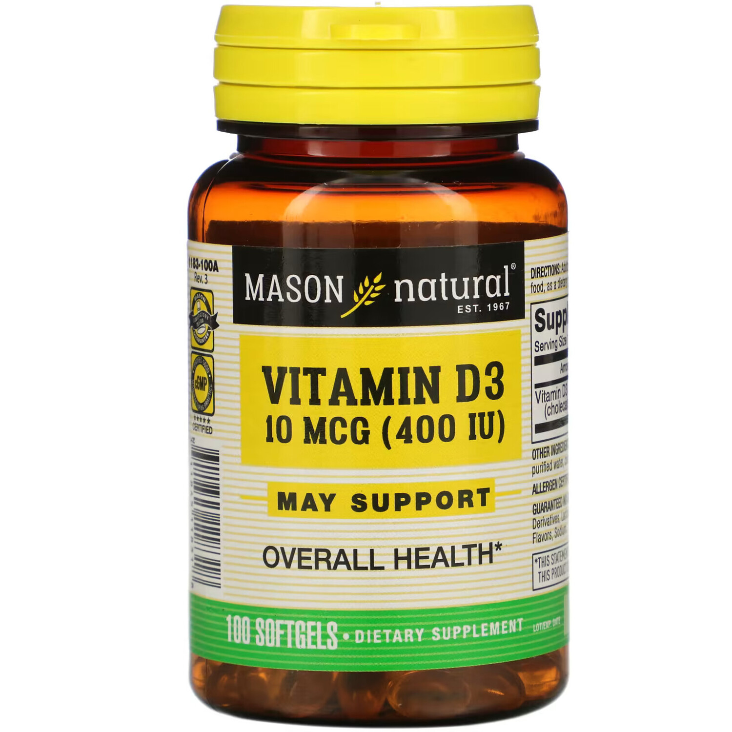 

Витамин D3 Mason Natural, 10 мкг 400 МЕ, 100 мягких таблеток