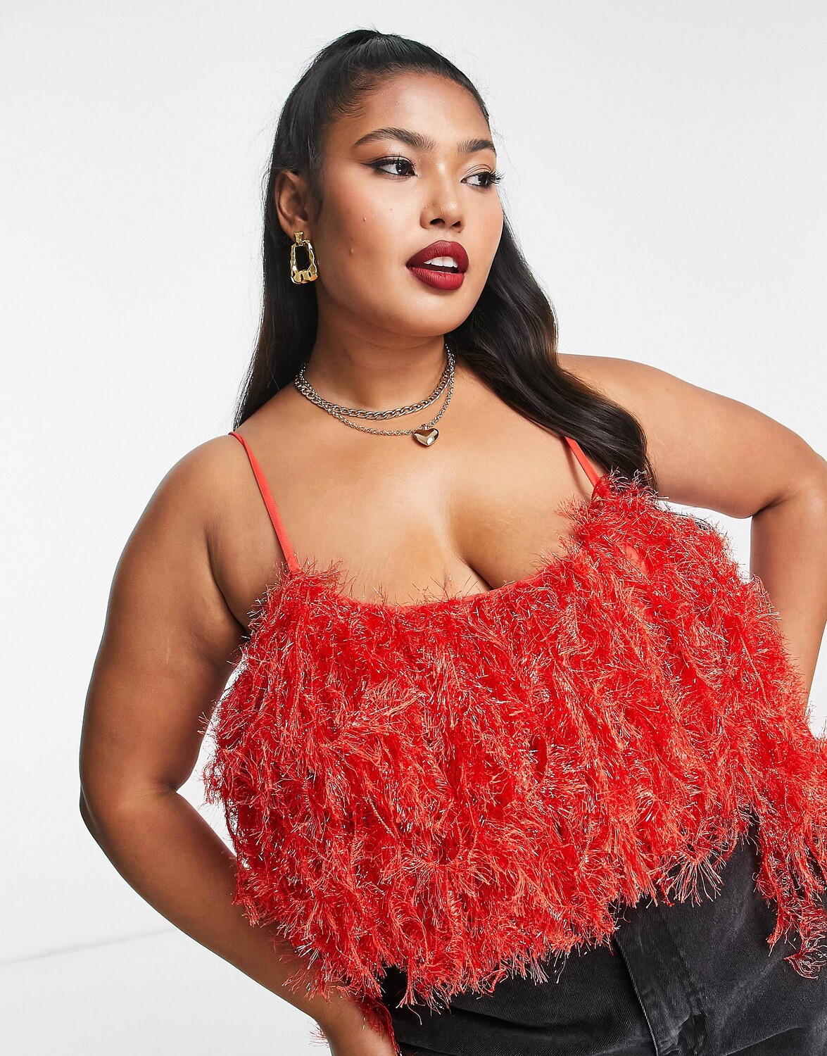 

Ярко-красное боди на бретелях с вырезом на спине с перьями ASOS LUXE Curve