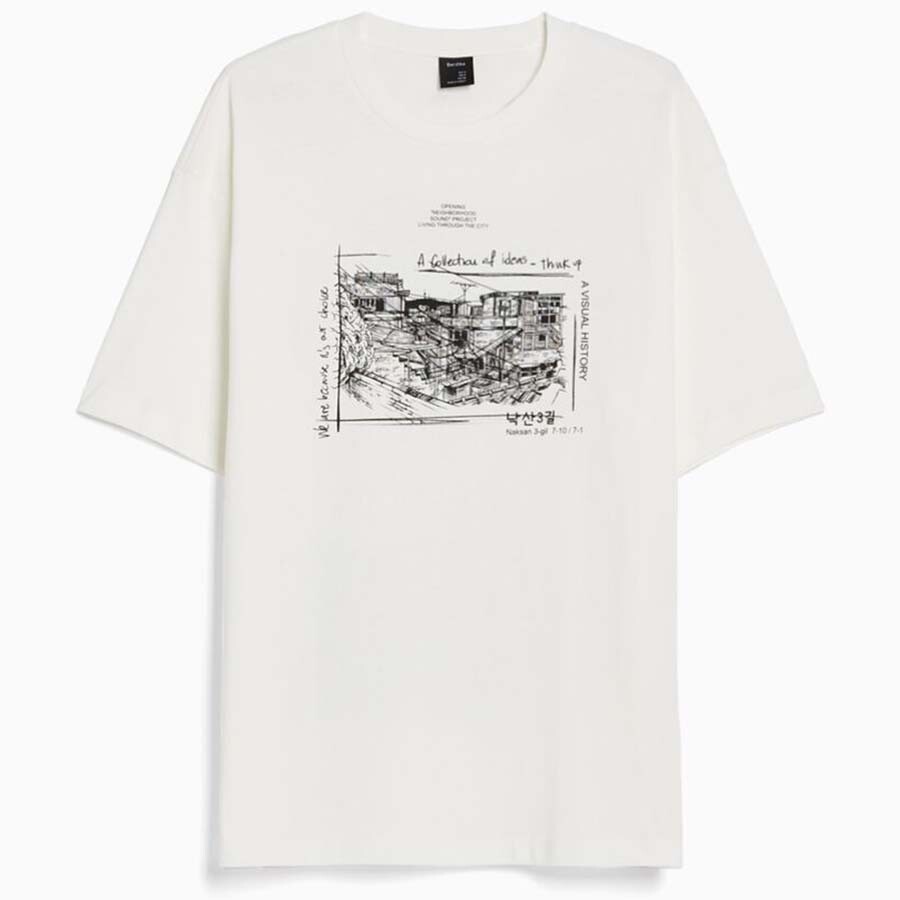 

Футболка Bershka Print Boxy Fit Short Sleeve, белый