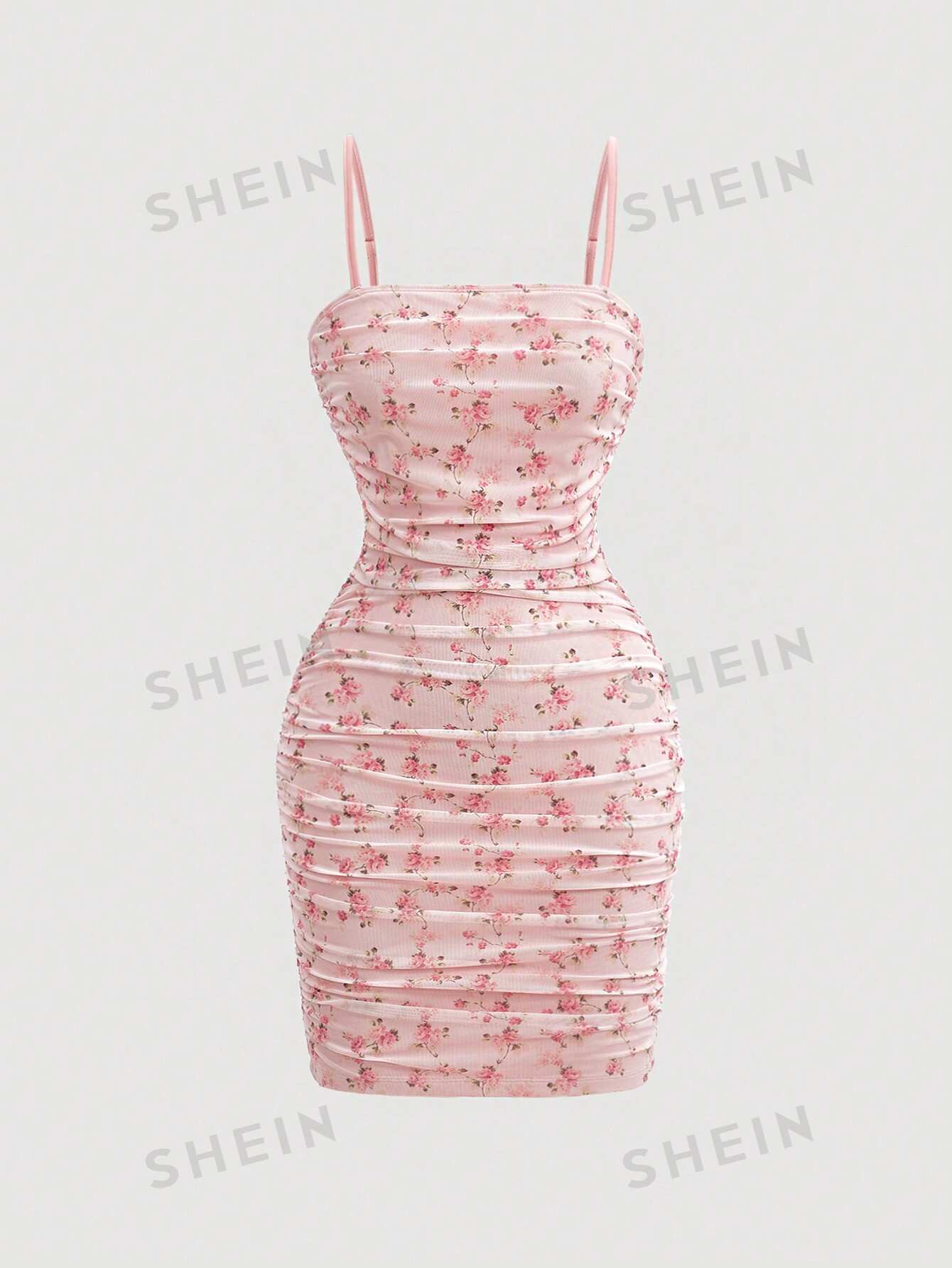SHEIN MOD Платье на тонких бретельках из сетчатой ​​ткани с рюшами и цветочным принтом, розовый