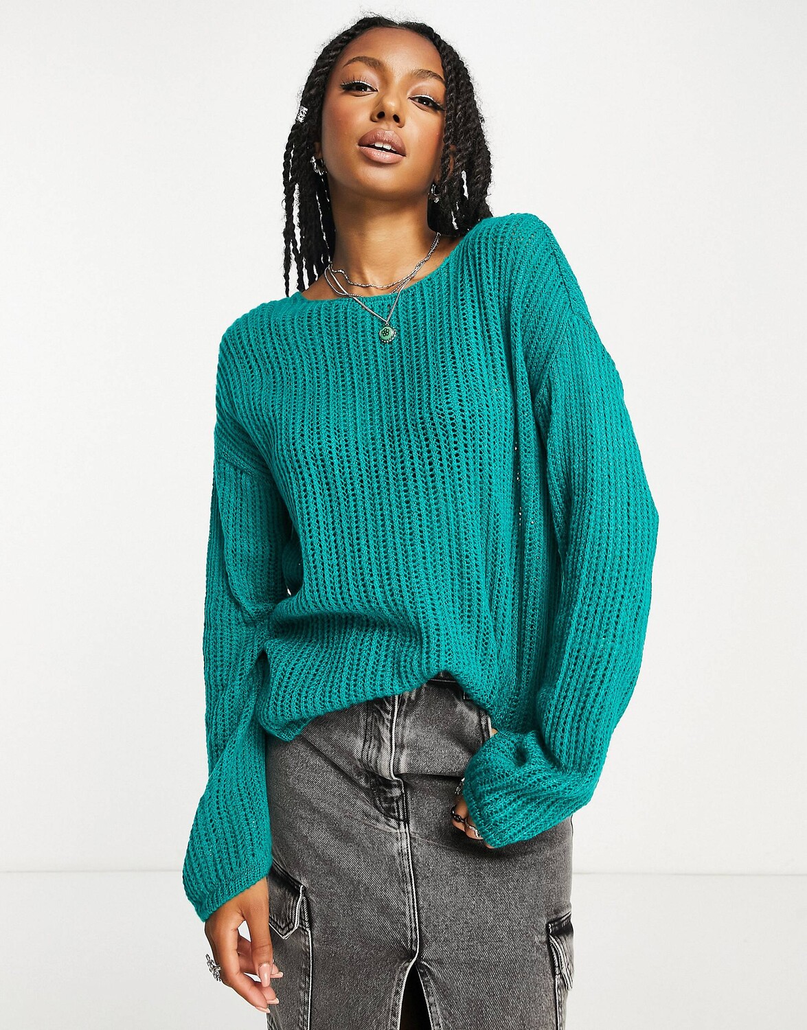 

Зеленый удлиненный джемпер с открытой строчкой ASOS DESIGN