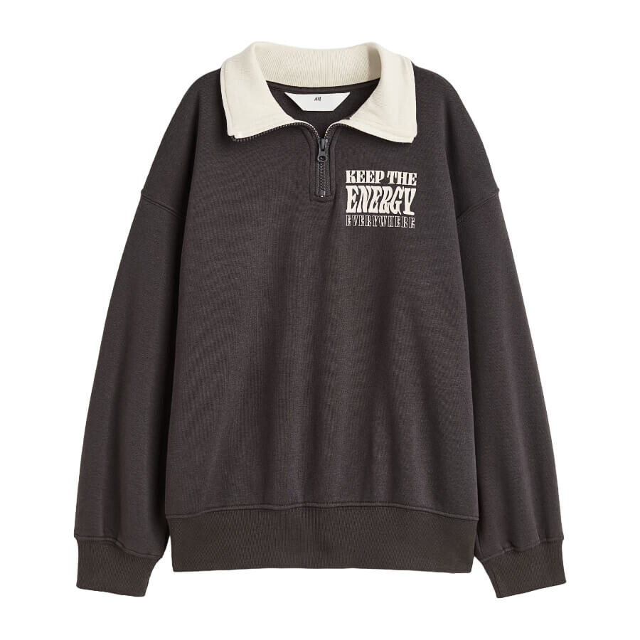 

Свитшот H&M Oversized Half-zip, темно-серый/белый