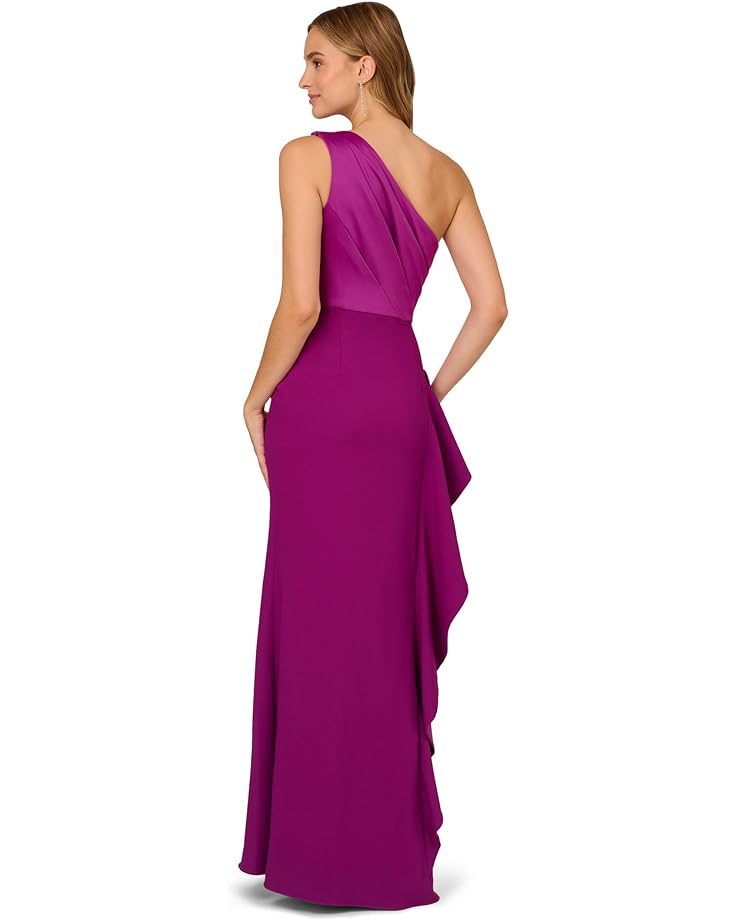 цена Платье Adrianna Papell One Shoulder Stretch Crep and Satin Cascade Gown, цвет Wild Orchid