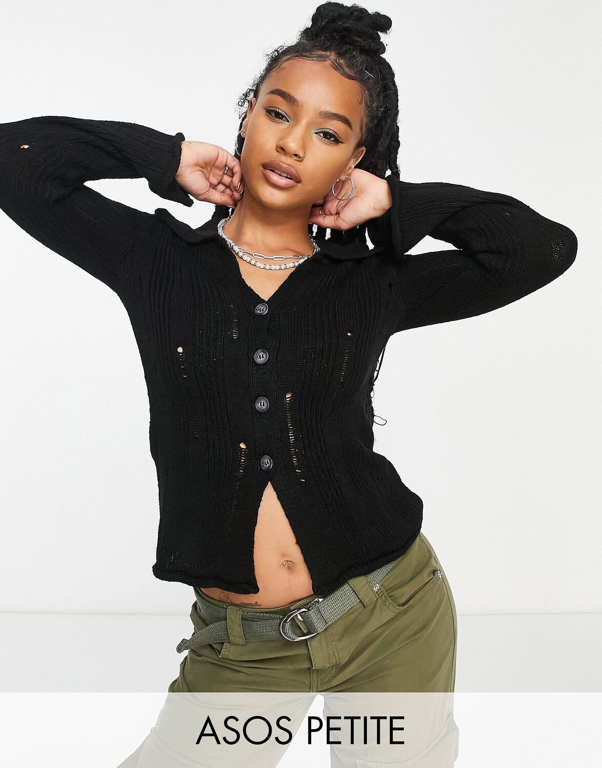 

Черный кардиган с воротником и потертой лесенкой ASOS DESIGN Petite