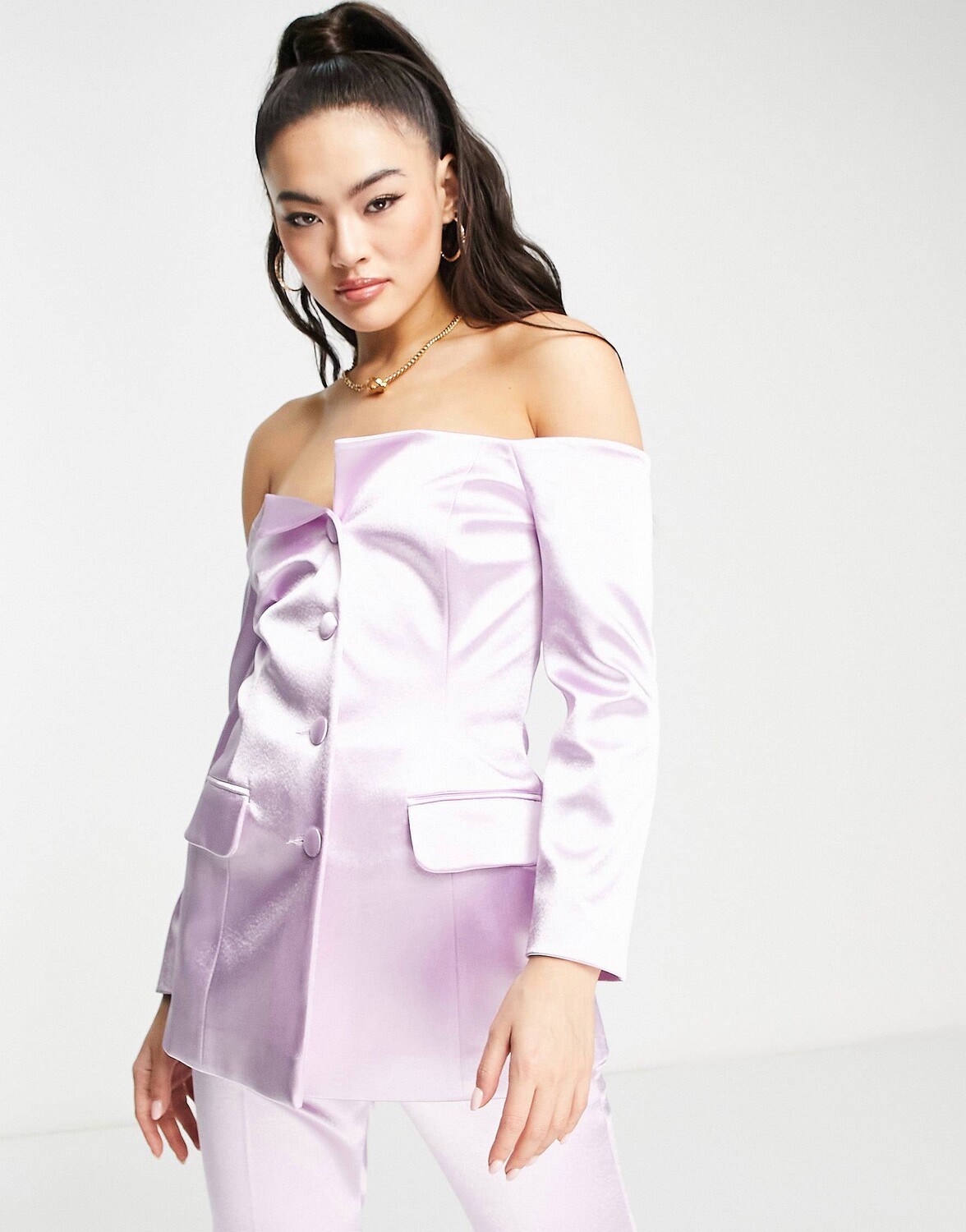 

Сиреневый пиджак с открытыми плечами с эффектом металлик ASOS DESIGN